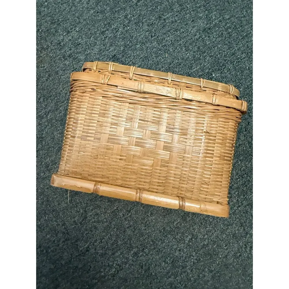 Vintage Hand-woven Storage Basket Checkerboard Pattern Reinforced Framing